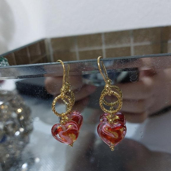 Ross Simons Italian Murano Glass Gold Heart Drop Earrings in 18kt Gold Over Ster - Picture 3 of 12